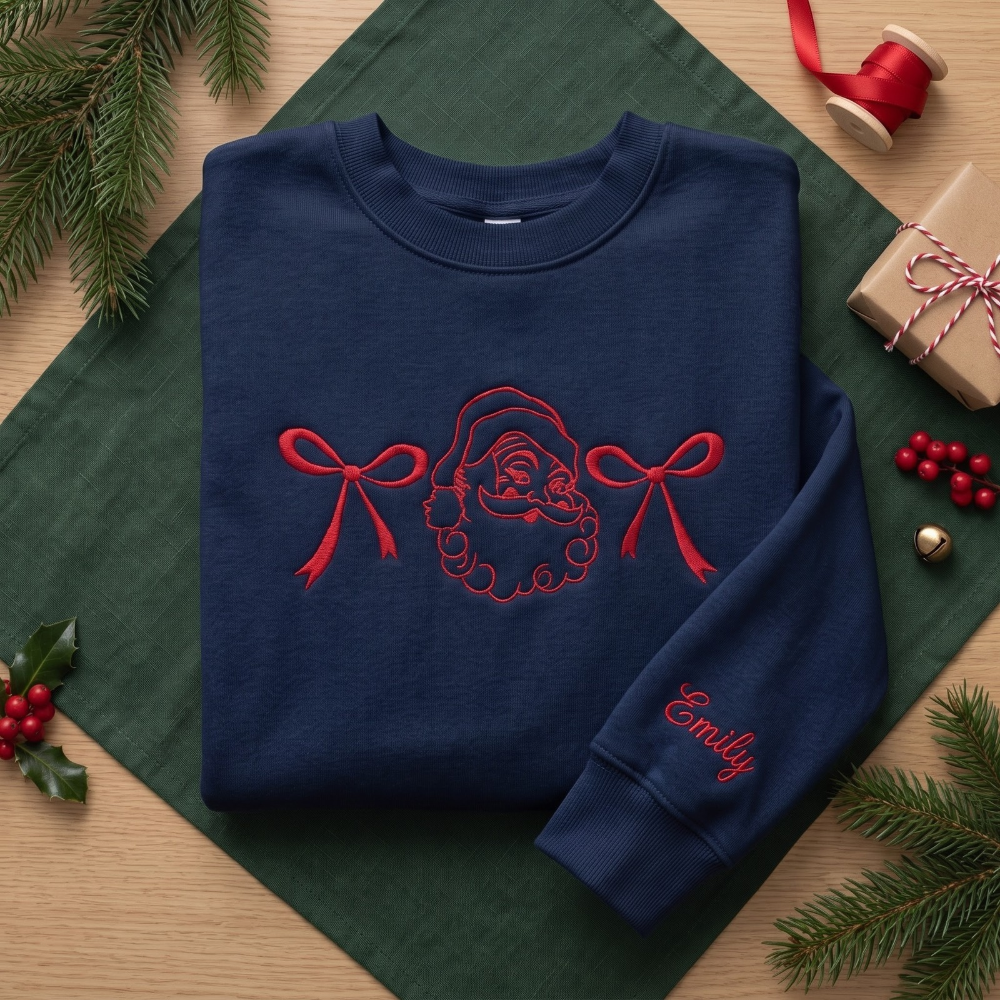 Personalized Vintage Santa and Christmas Bows embroidered sweatshirt — front view