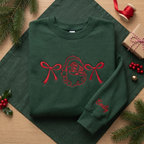 Personalized Vintage Santa and Christmas Bows embroidered sweatshirt — front view
