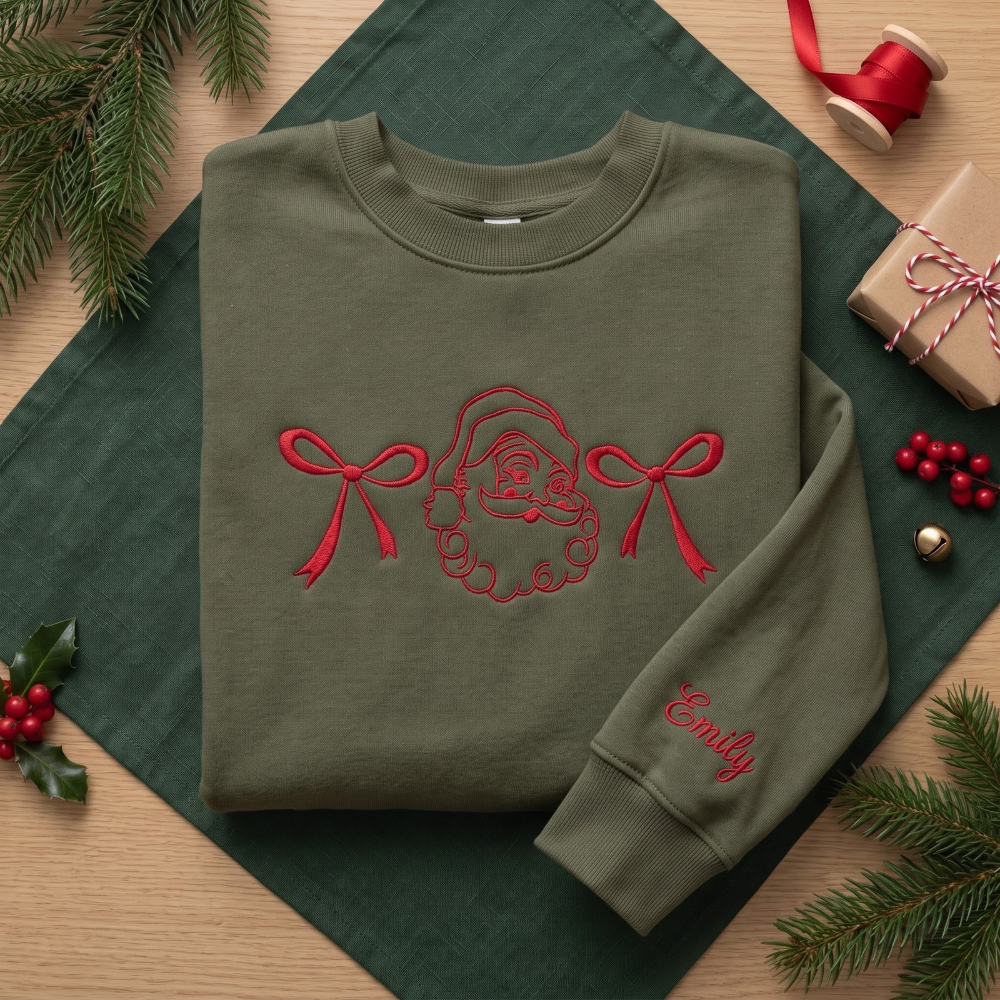Personalized Vintage Santa and Christmas Bows embroidered sweatshirt — front view