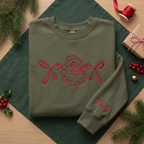 Personalized Vintage Santa and Christmas Bows embroidered sweatshirt — front view