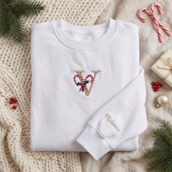 Personalized Candy Cane Monogram Christmas embroidered sweatshirt — front view