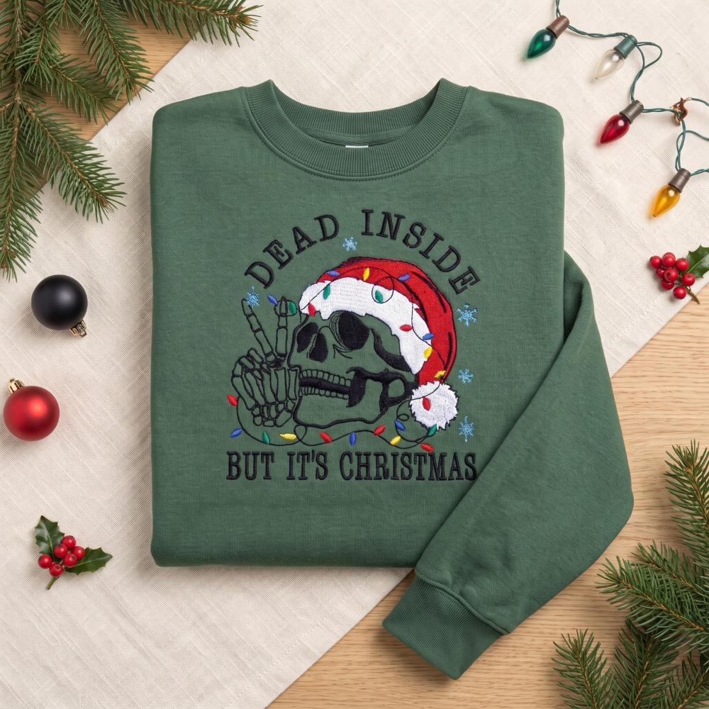 Dead Inside But It's Christmas Funny Skeleton Santa Hat embroidered sweatshirt — front view