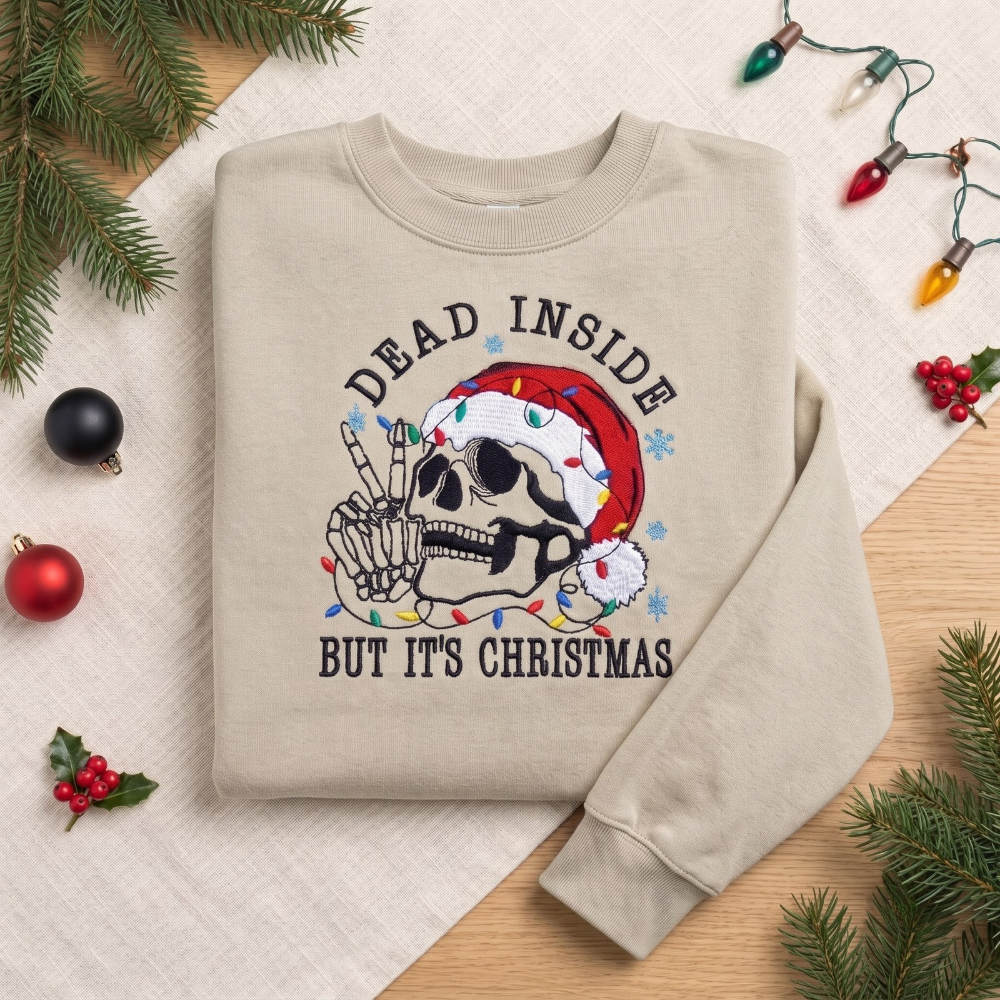 Dead Inside But It's Christmas Funny Skeleton Santa Hat embroidered sweatshirt — front view