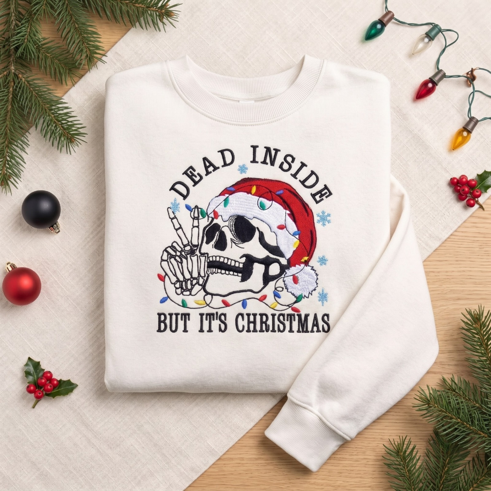 Dead Inside But It's Christmas Funny Skeleton Santa Hat embroidered sweatshirt — front view