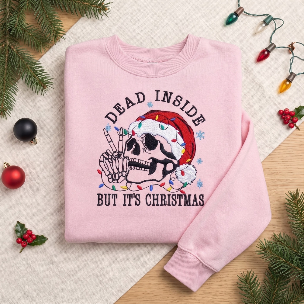Dead Inside But It's Christmas Funny Skeleton Santa Hat embroidered sweatshirt — front view
