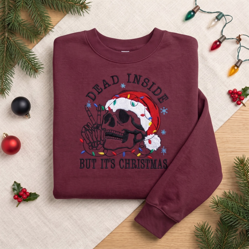 Dead Inside But It's Christmas Funny Skeleton Santa Hat embroidered sweatshirt — front view