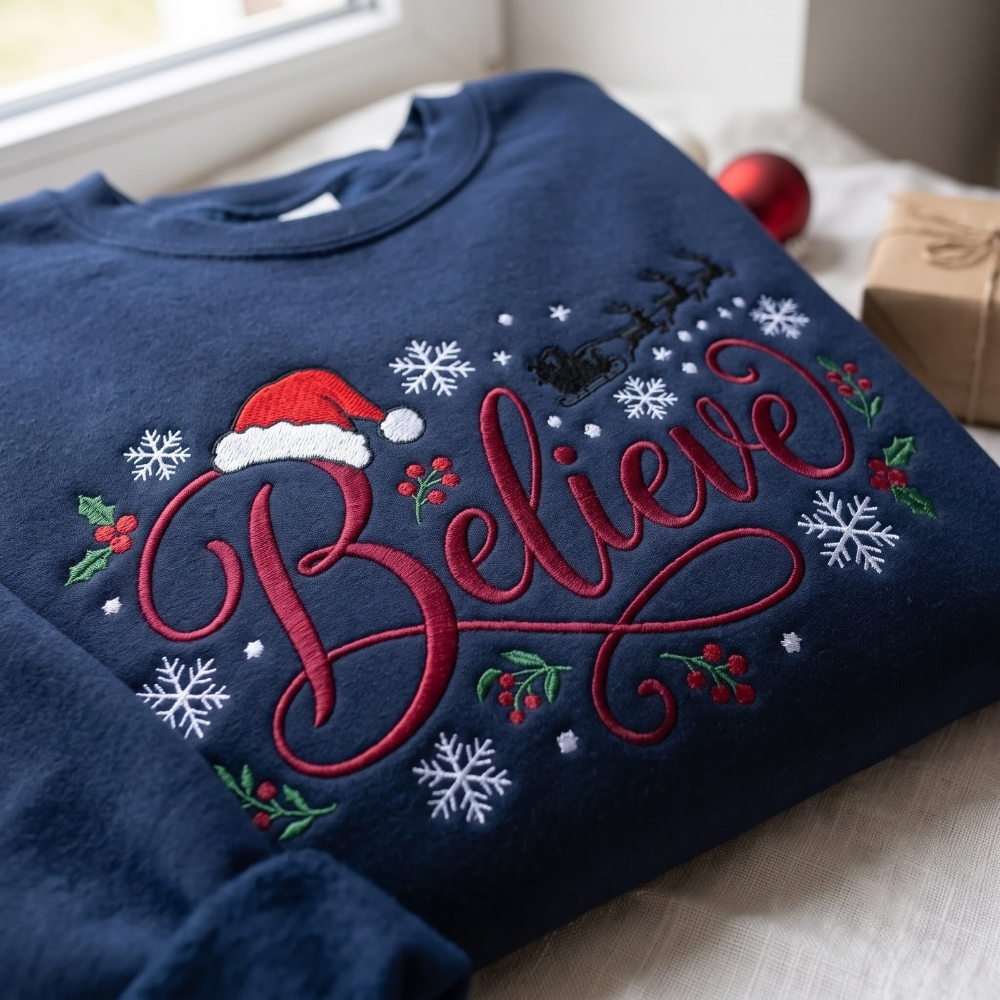 Christmas Believe Santa Hat Reindeer Sleigh Holly Snowflakes Embroidered Sweatshirt - sweatshirt detail 2