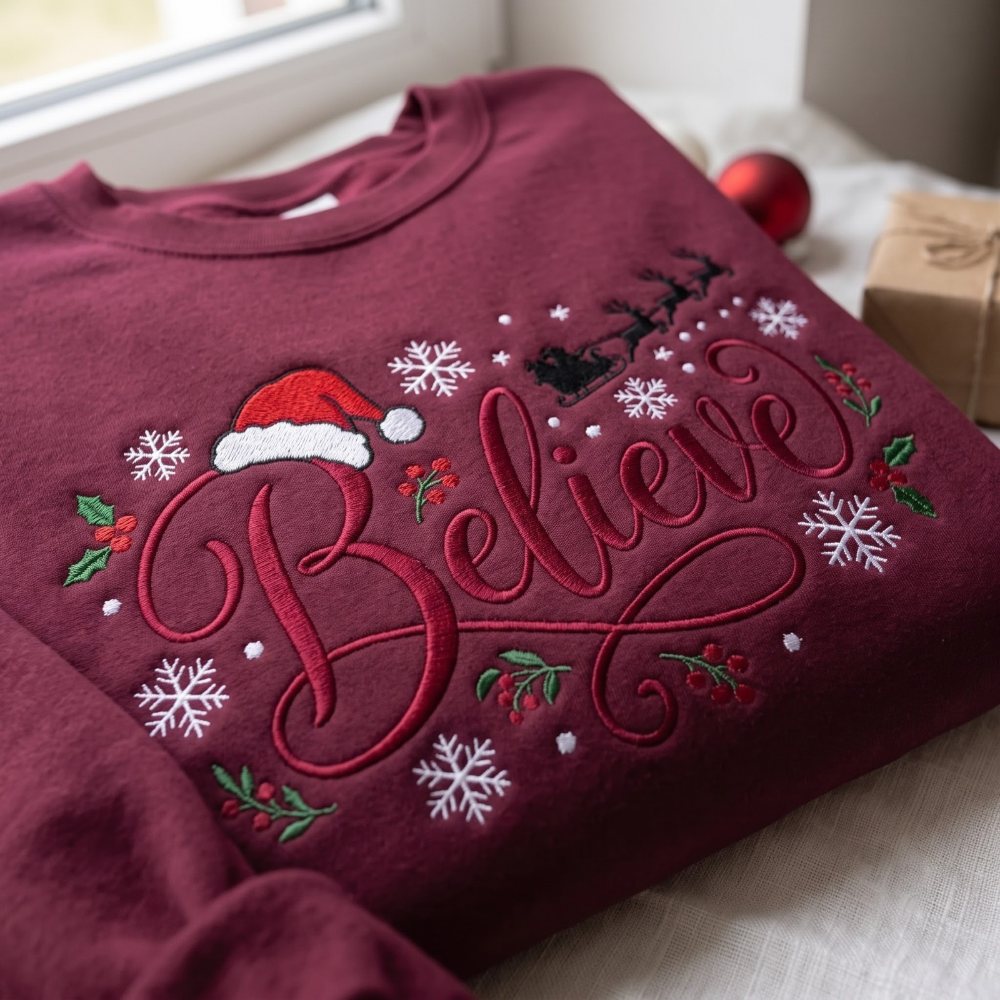 Christmas Believe Santa Hat Reindeer Sleigh Holly Snowflakes Embroidered Sweatshirt - sweatshirt detail 4