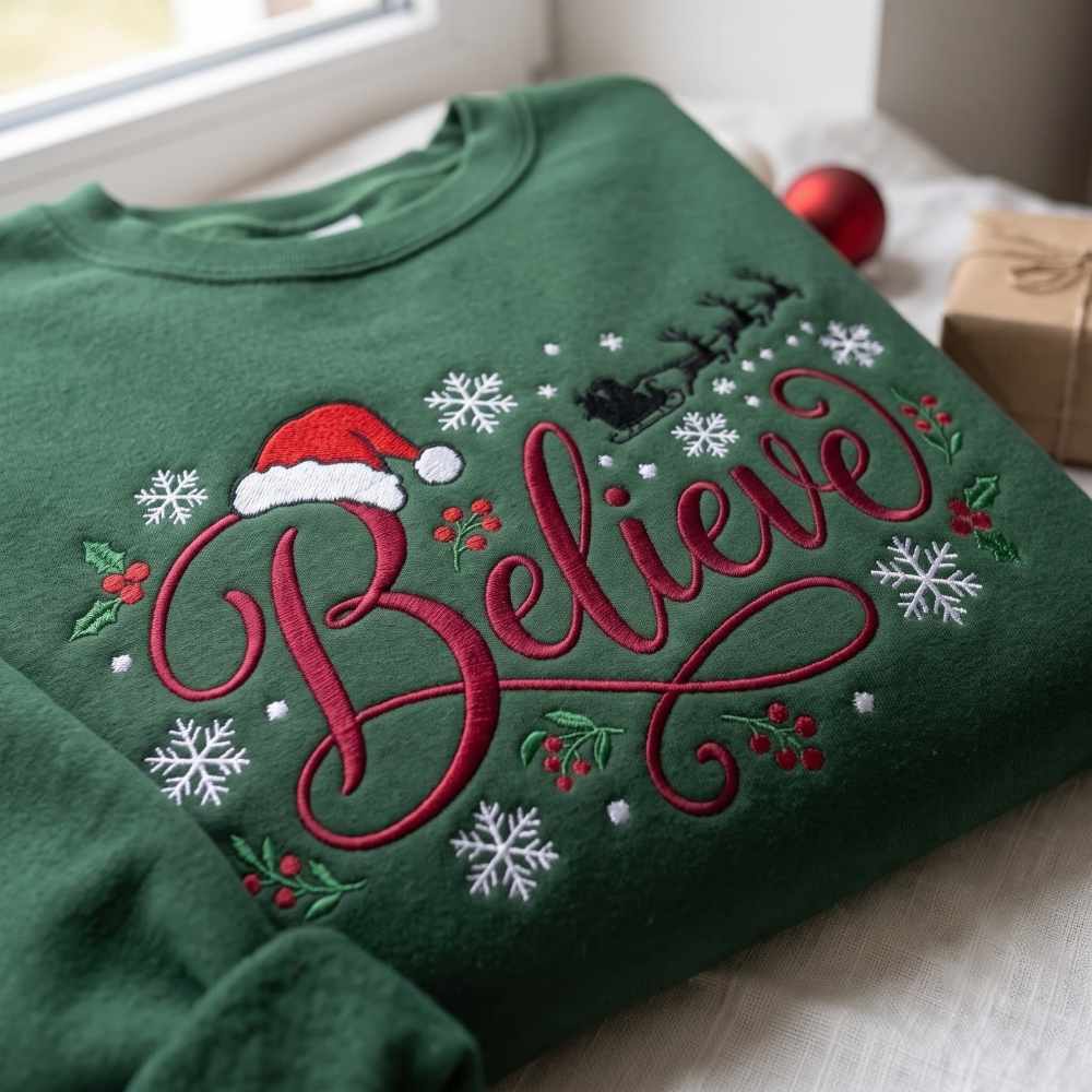 Christmas Believe Santa Hat Reindeer Sleigh Holly Snowflakes Embroidered Sweatshirt - sweatshirt detail 3