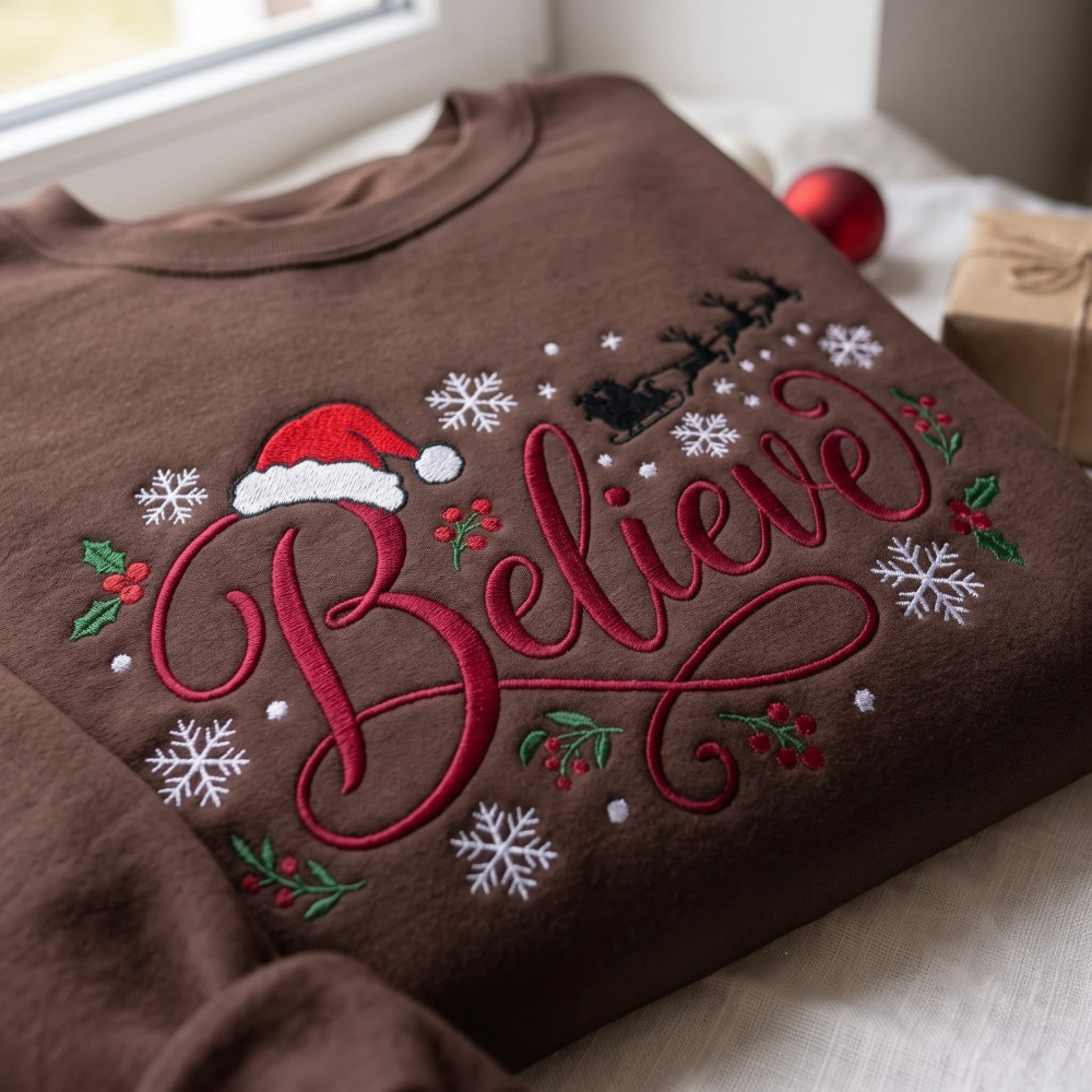 Christmas Believe Santa Hat Reindeer Sleigh Holly Snowflakes Embroidered Sweatshirt - sweatshirt detail 5