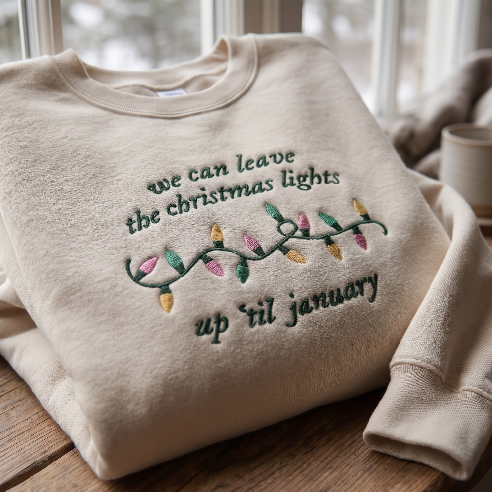 We Can Leave The Christmas Lights Up Til January Lyric Retro Bulbs embroidered sweatshirt — front view