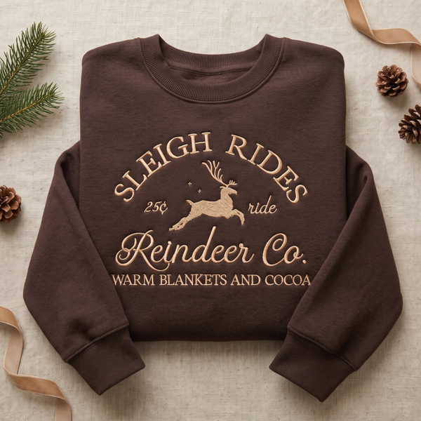 Vintage Sleigh Rides Reindeer Co. 25 Cent Ride Warm Blankets Cocoa Christmas embroidered sweatshirt — front view