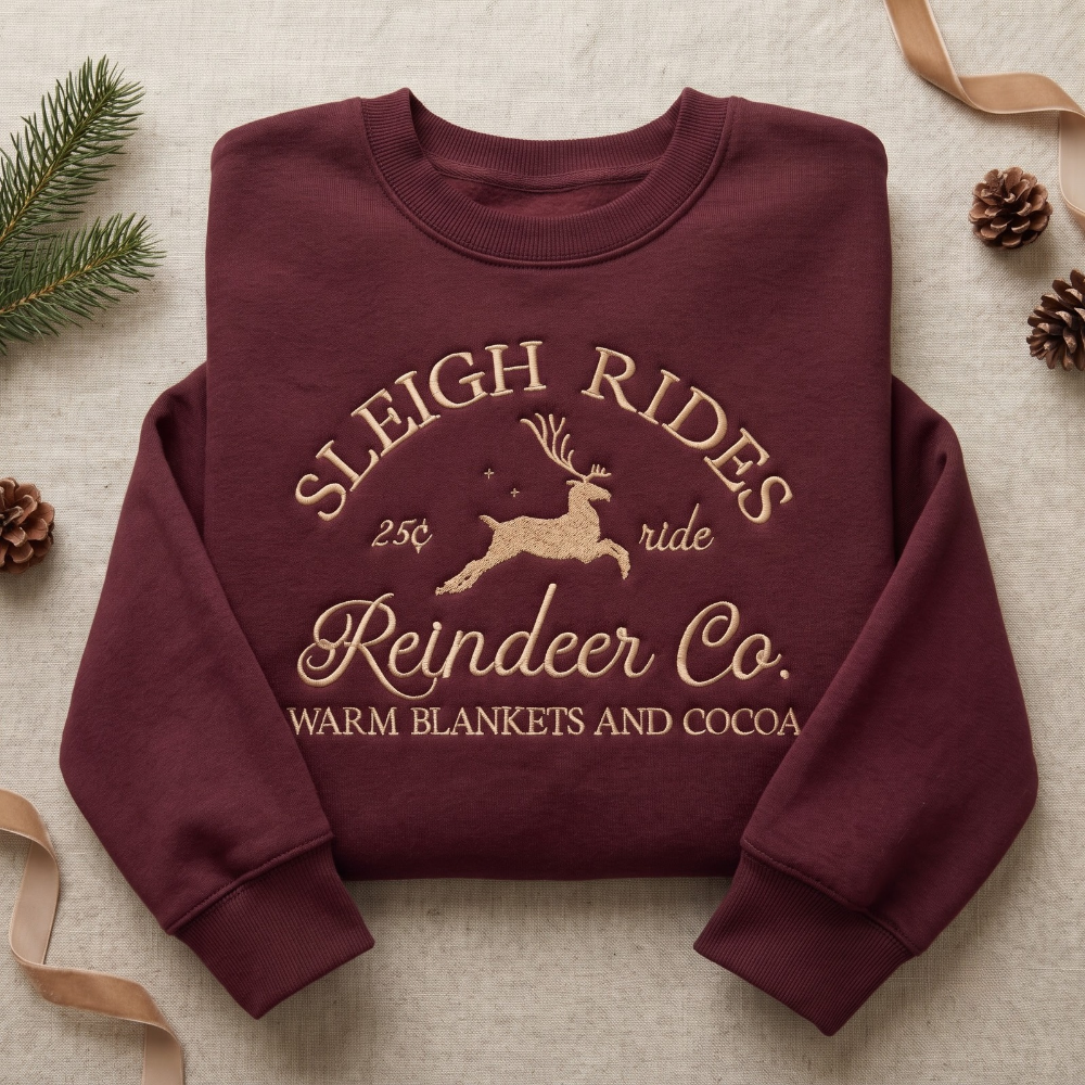 Vintage Sleigh Rides Reindeer Co. 25 Cent Ride Warm Blankets Cocoa Christmas embroidered sweatshirt — front view