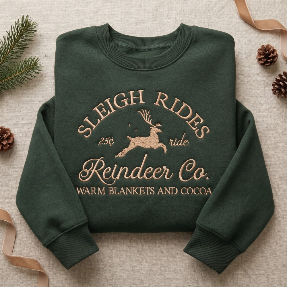 Vintage Sleigh Rides Reindeer Co. 25 Cent Ride Warm Blankets Cocoa Christmas embroidered sweatshirt — front view