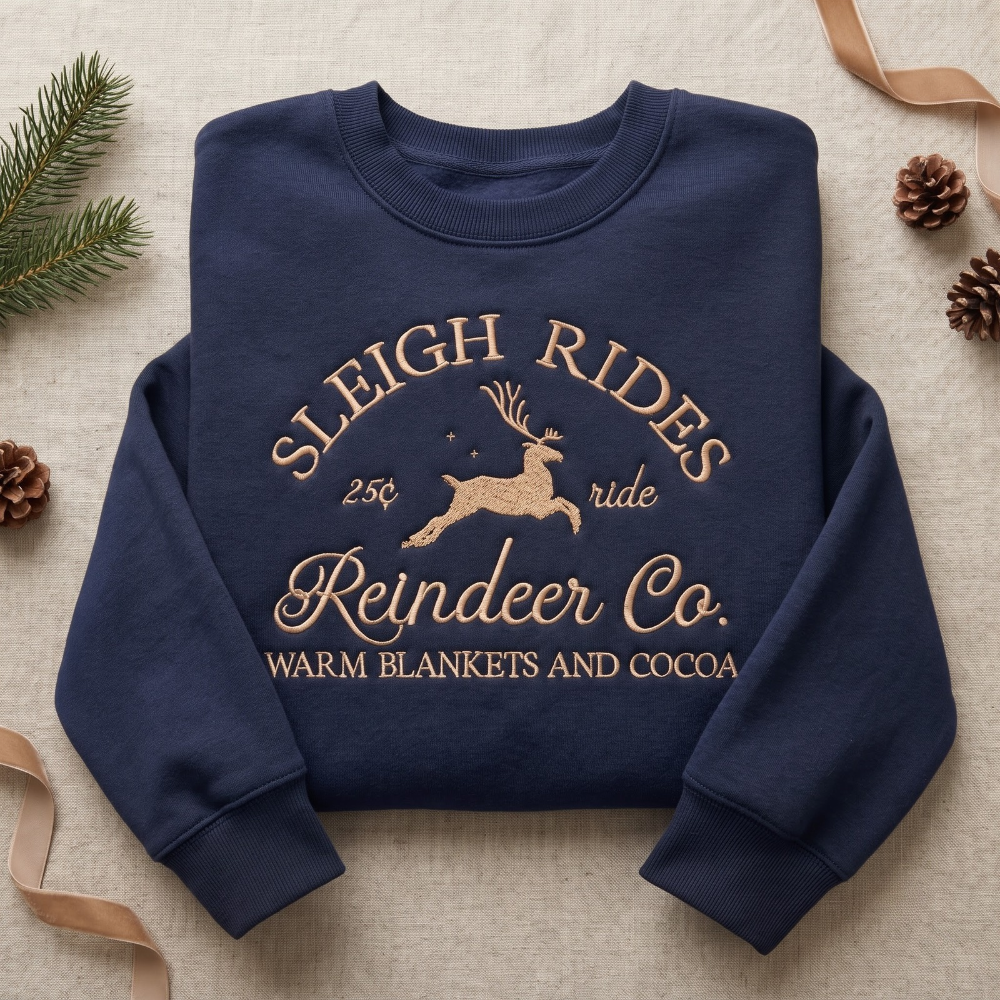 Vintage Sleigh Rides Reindeer Co. 25 Cent Ride Warm Blankets Cocoa Christmas embroidered sweatshirt — front view