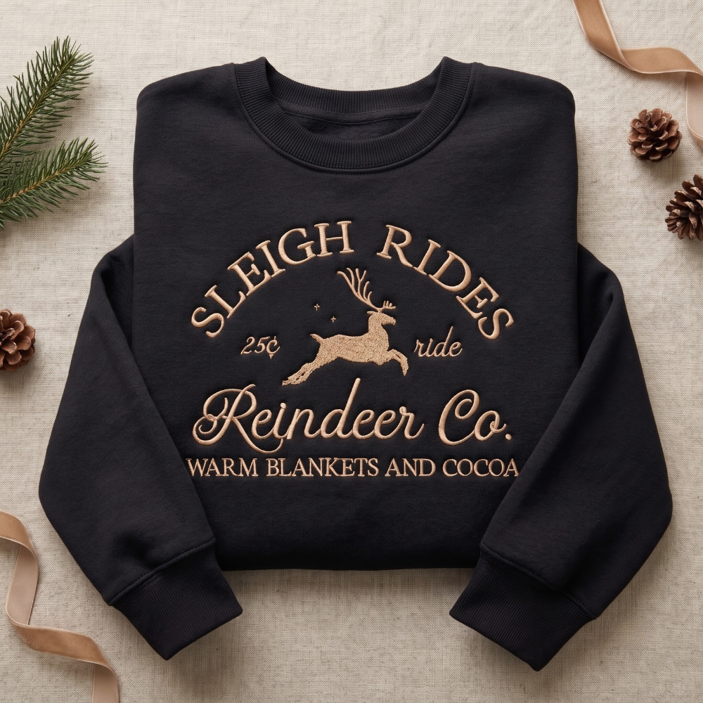 Vintage Sleigh Rides Reindeer Co. 25 Cent Ride Warm Blankets Cocoa Christmas embroidered sweatshirt — front view