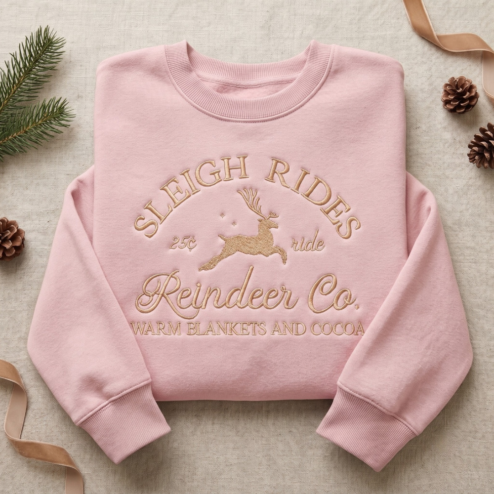 Vintage Sleigh Rides Reindeer Co. 25 Cent Ride Warm Blankets Cocoa Christmas embroidered sweatshirt — front view