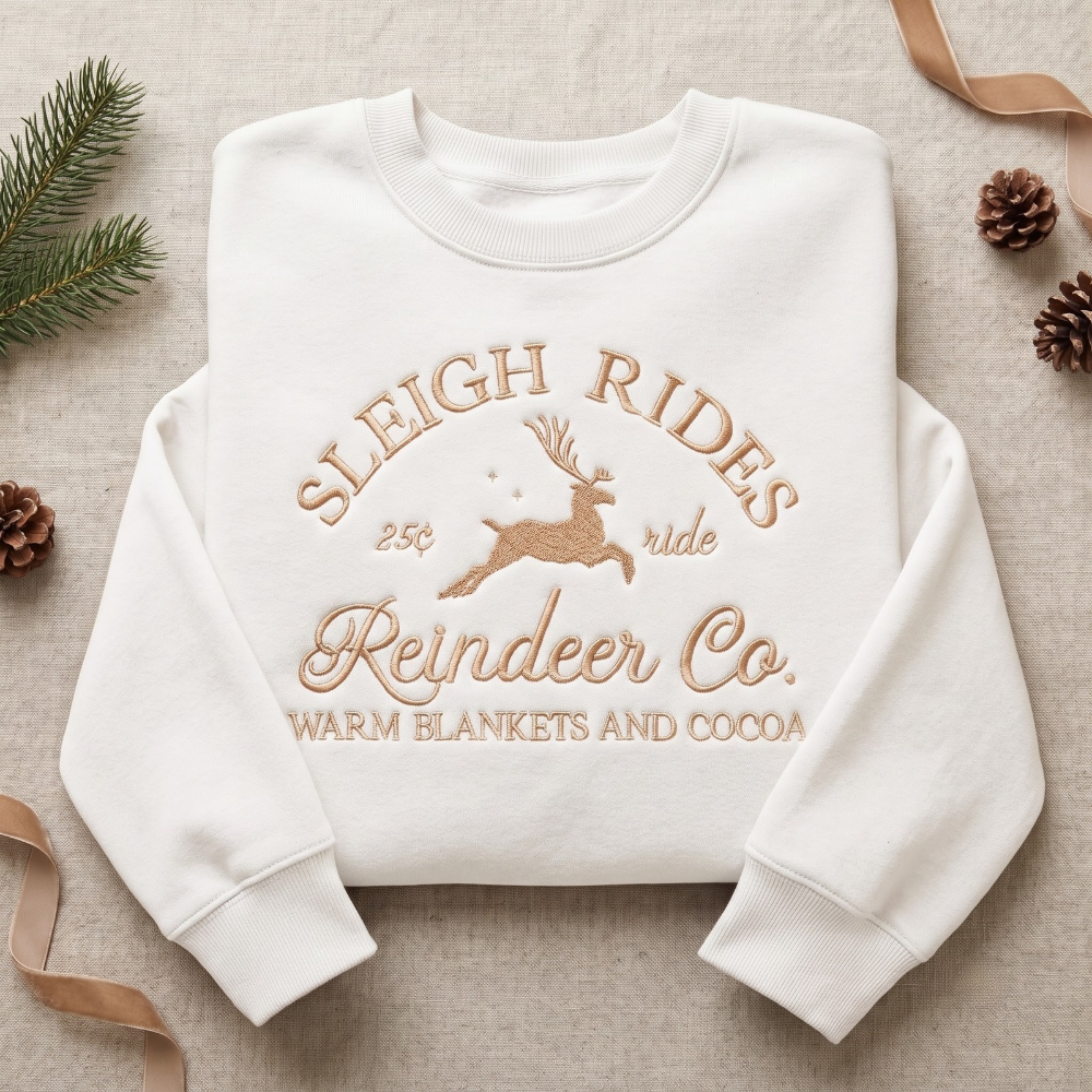 Vintage Sleigh Rides Reindeer Co. 25 Cent Ride Warm Blankets Cocoa Christmas embroidered sweatshirt — front view