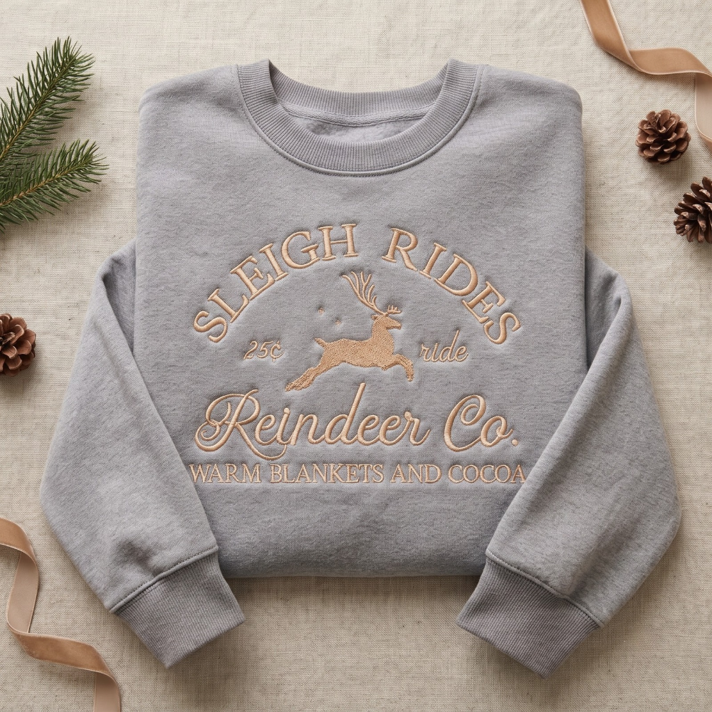 Vintage Sleigh Rides Reindeer Co. 25 Cent Ride Warm Blankets Cocoa Christmas embroidered sweatshirt — front view