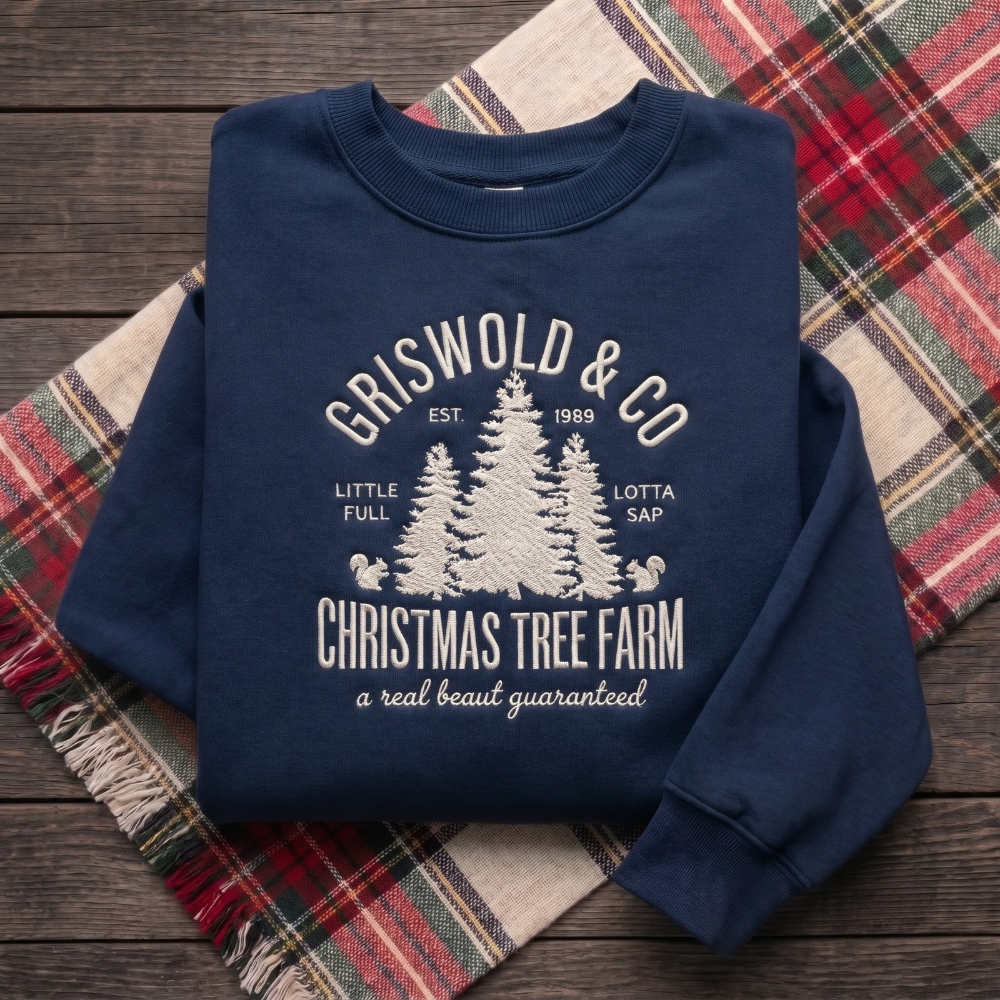Vintage Christmas Tree Farm Little Full Lotta Sap Pine Trees Squirrels embroidered sweatshirt — front view