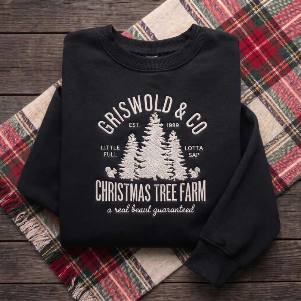 Vintage Christmas Tree Farm Little Full Lotta Sap Pine Trees Squirrels embroidered sweatshirt — front view