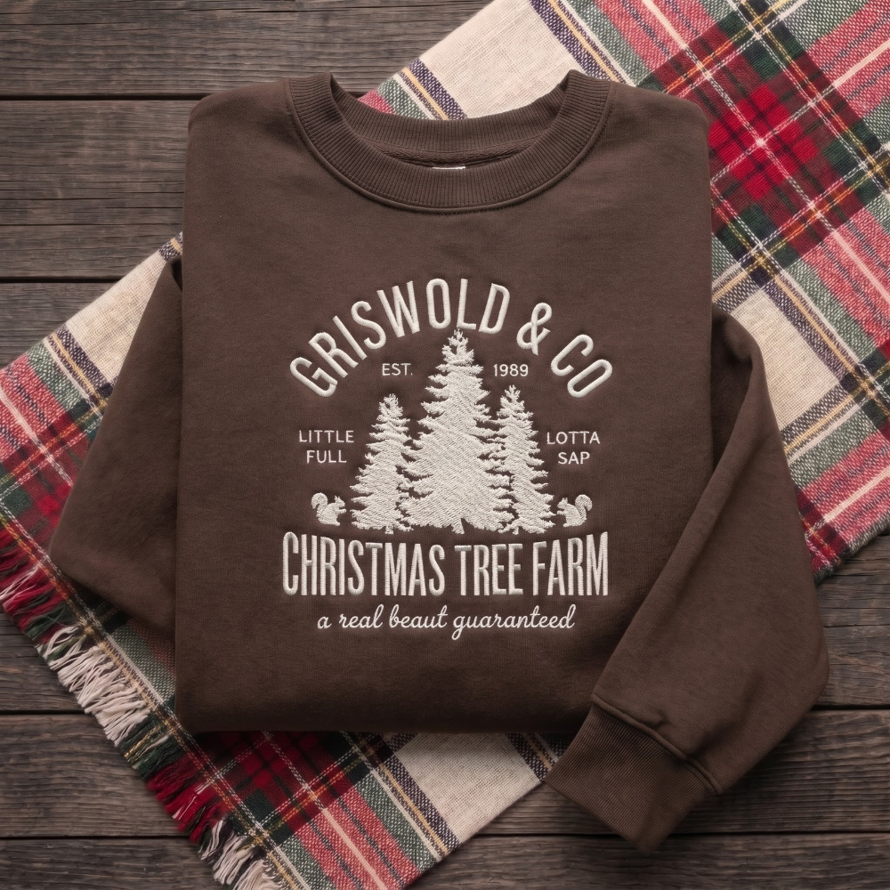 Vintage Christmas Tree Farm Little Full Lotta Sap Pine Trees Squirrels embroidered sweatshirt — front view