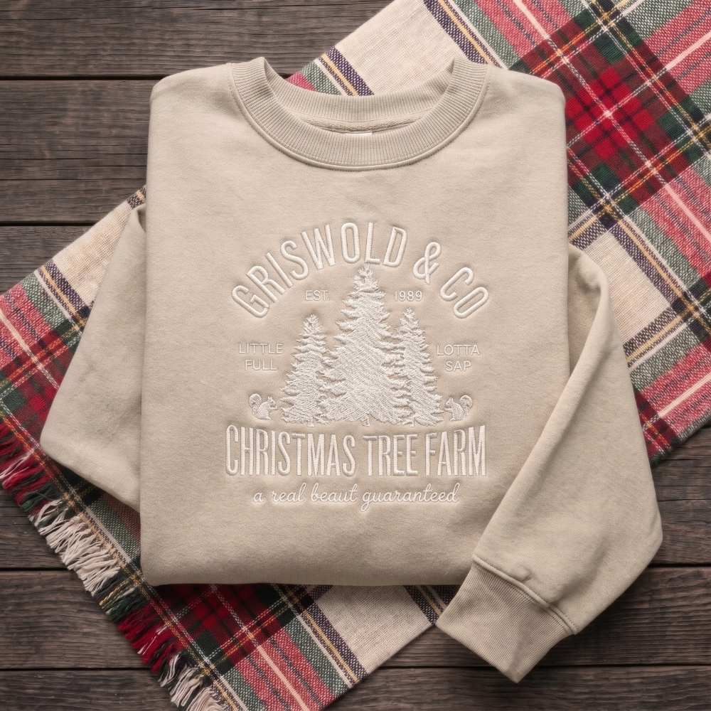 Vintage Christmas Tree Farm Little Full Lotta Sap Pine Trees Squirrels embroidered sweatshirt — front view