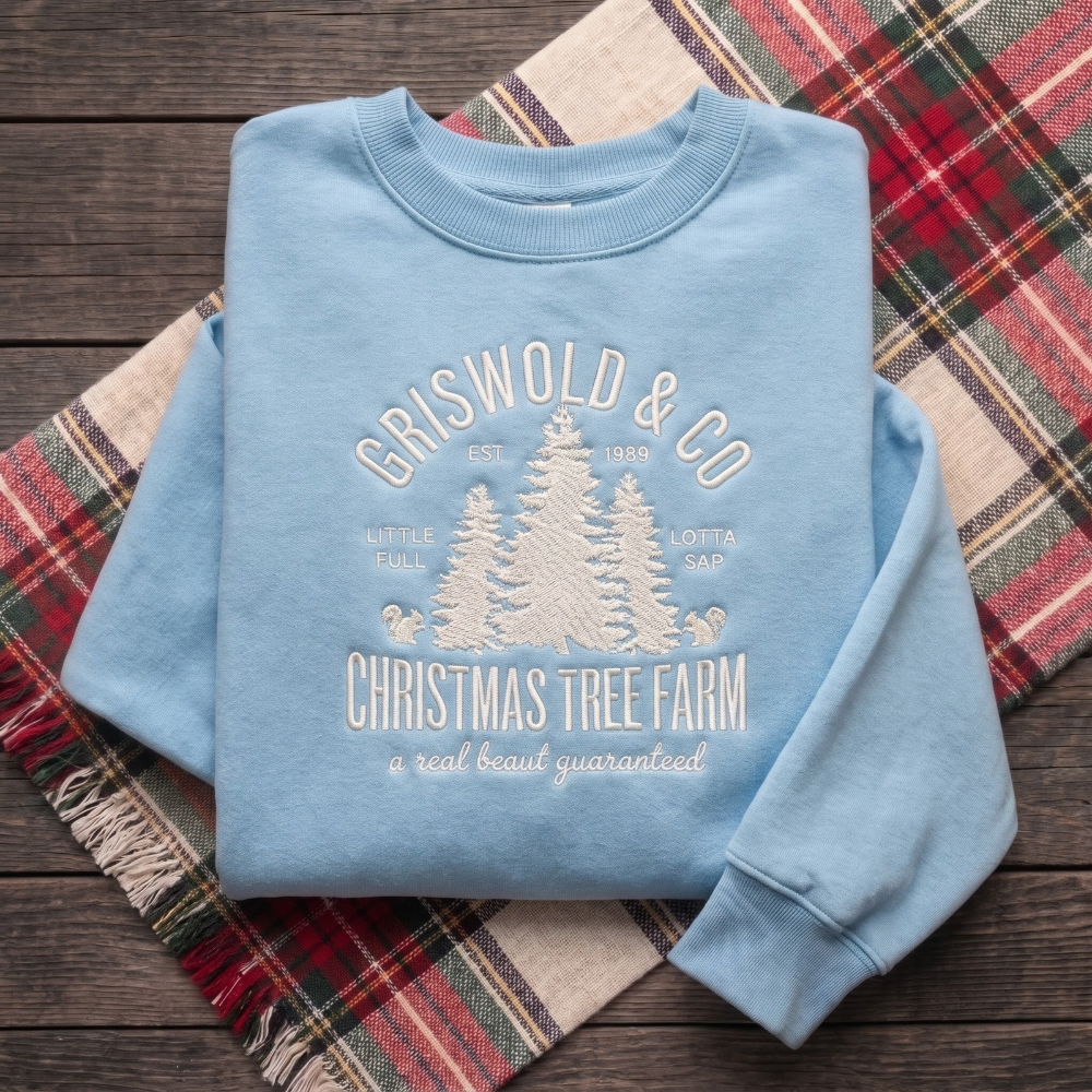 Vintage Christmas Tree Farm Little Full Lotta Sap Pine Trees Squirrels embroidered sweatshirt — front view