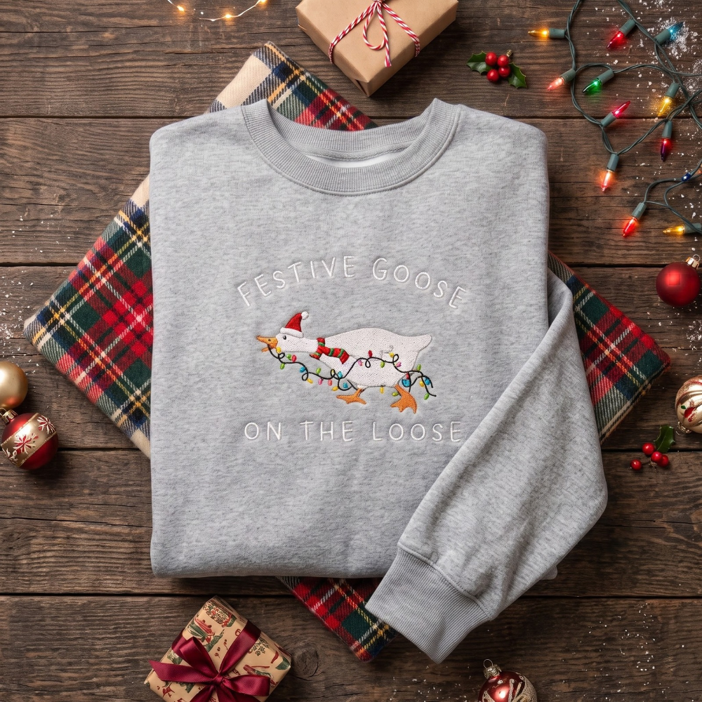 Festive Goose On The Loose Santa Hat Christmas Lights Funny Embroidered Sweatshirt