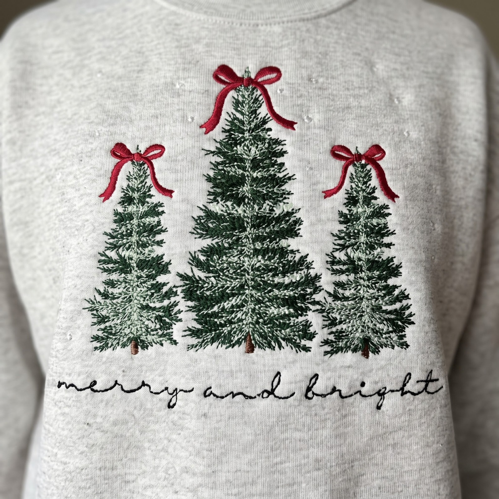 The Personalized Merry And Bright Frosted Christmas Trees Red Bows Embroidered Sweatshirt