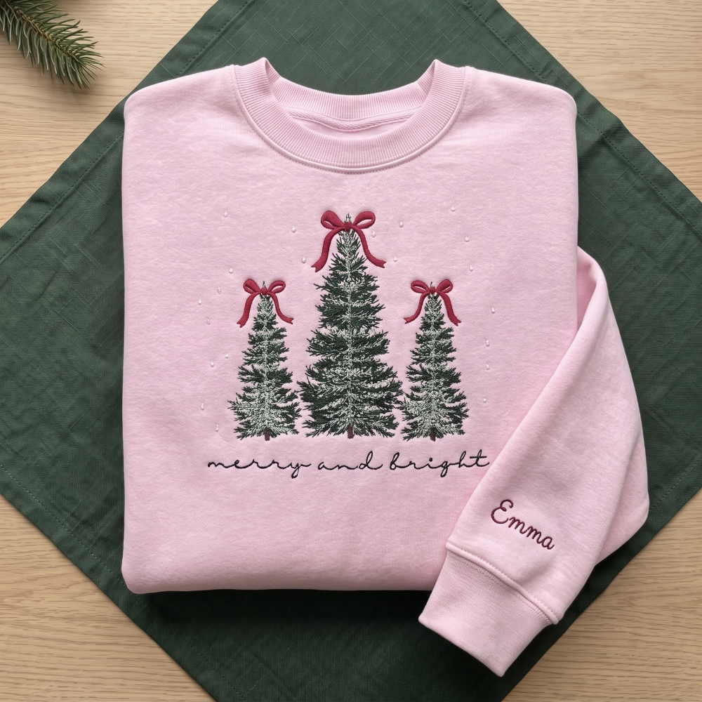 The Personalized Merry And Bright Frosted Christmas Trees Red Bows Embroidered Sweatshirt
