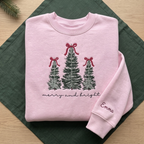 The Personalized Merry And Bright Frosted Christmas Trees Red Bows Embroidered Sweatshirt