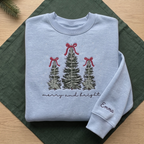 The Personalized Merry And Bright Frosted Christmas Trees Red Bows Embroidered Sweatshirt