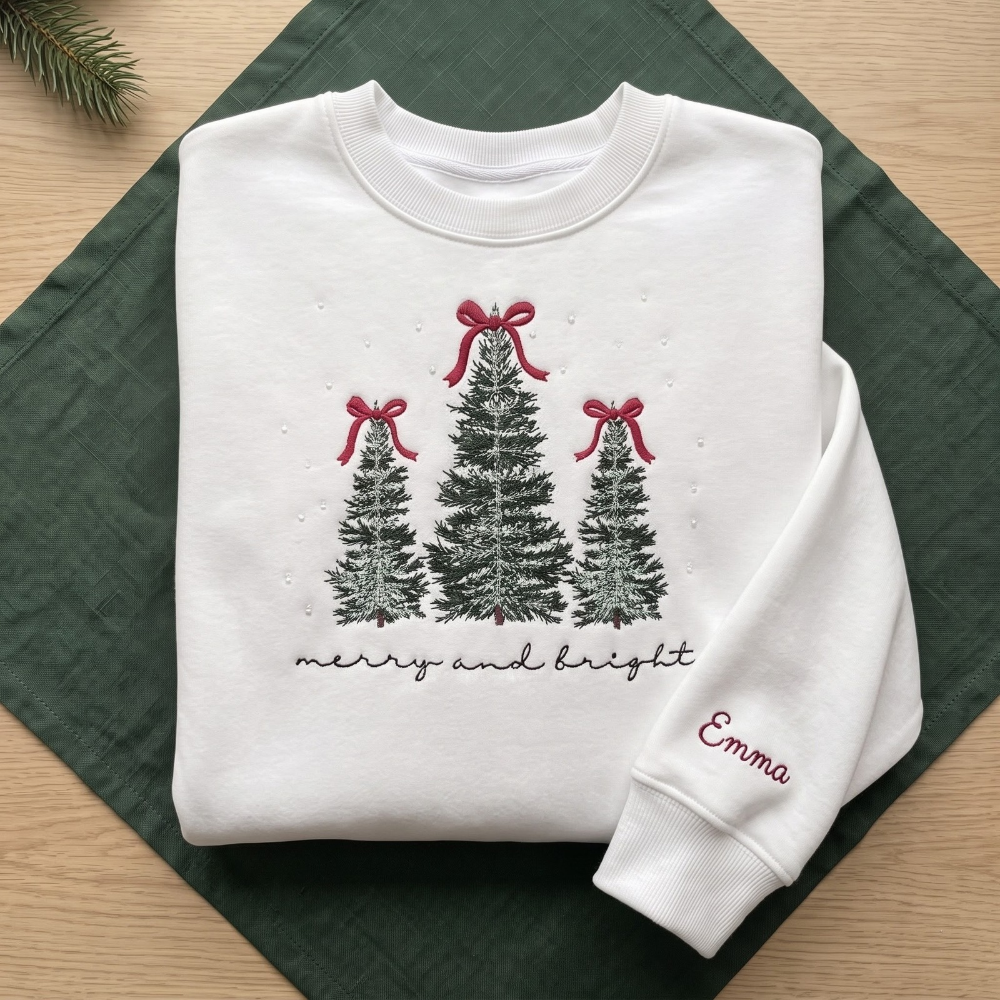 The Personalized Merry And Bright Frosted Christmas Trees Red Bows Embroidered Sweatshirt