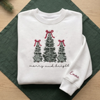 The Personalized Merry And Bright Frosted Christmas Trees Red Bows Embroidered Sweatshirt