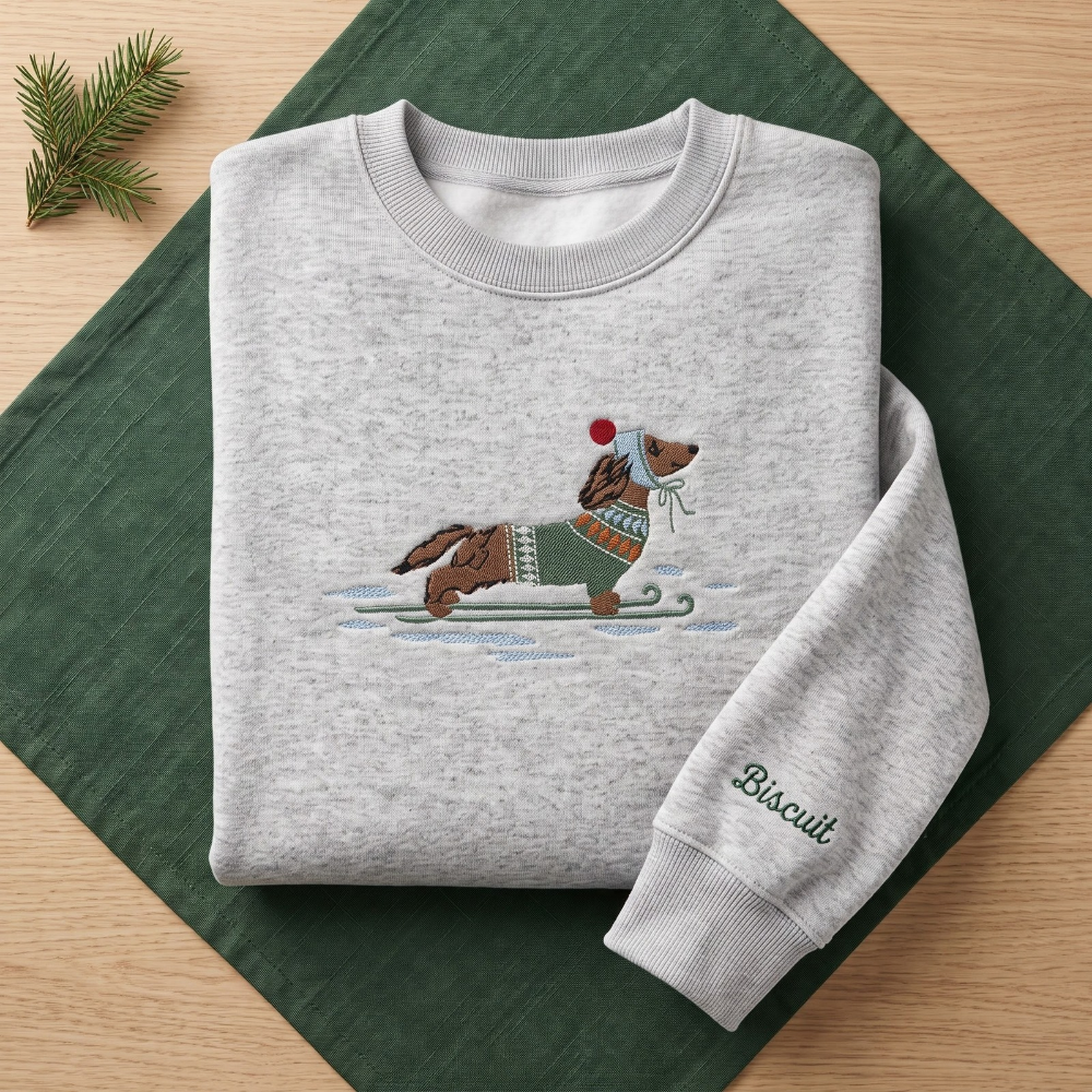 The Personalized Dachshund Skiing Fair Isle Sweater Winter Beanie embroidered sweatshirt — front view