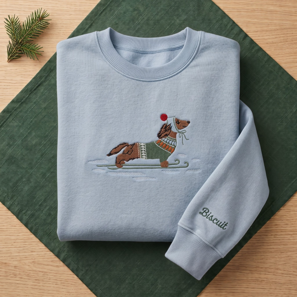 The Personalized Dachshund Skiing Fair Isle Sweater Winter Beanie embroidered sweatshirt — front view