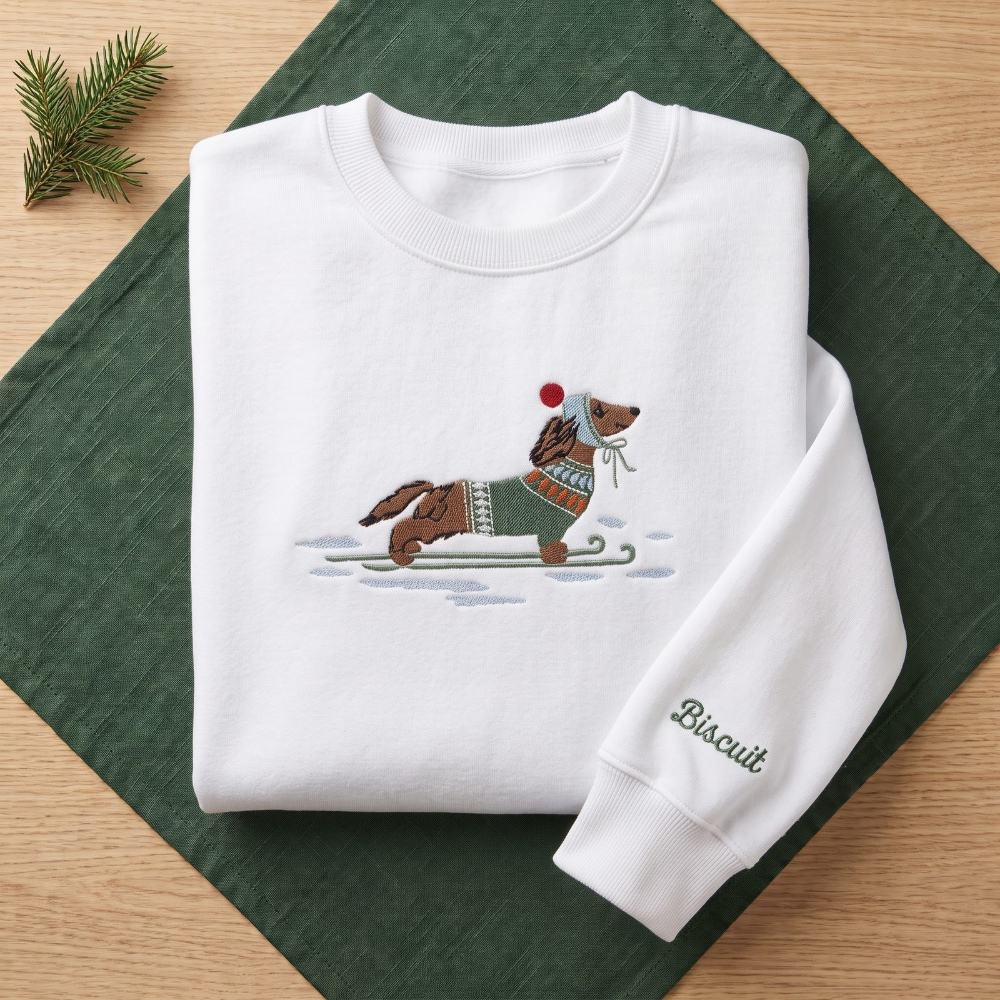 The Personalized Dachshund Skiing Fair Isle Sweater Winter Beanie embroidered sweatshirt — front view
