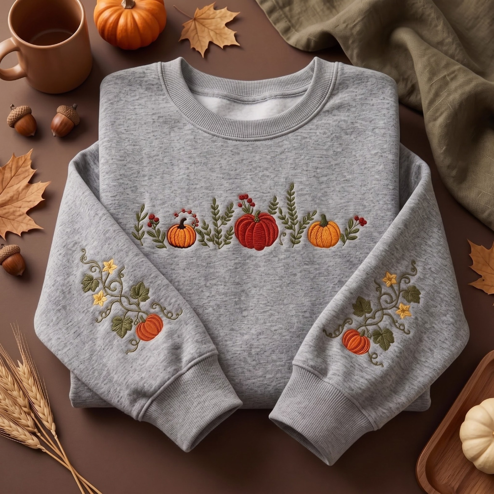 Pumpkin Season Four Pumpkins Vine Sleeves embroidered sweatshirt — front view