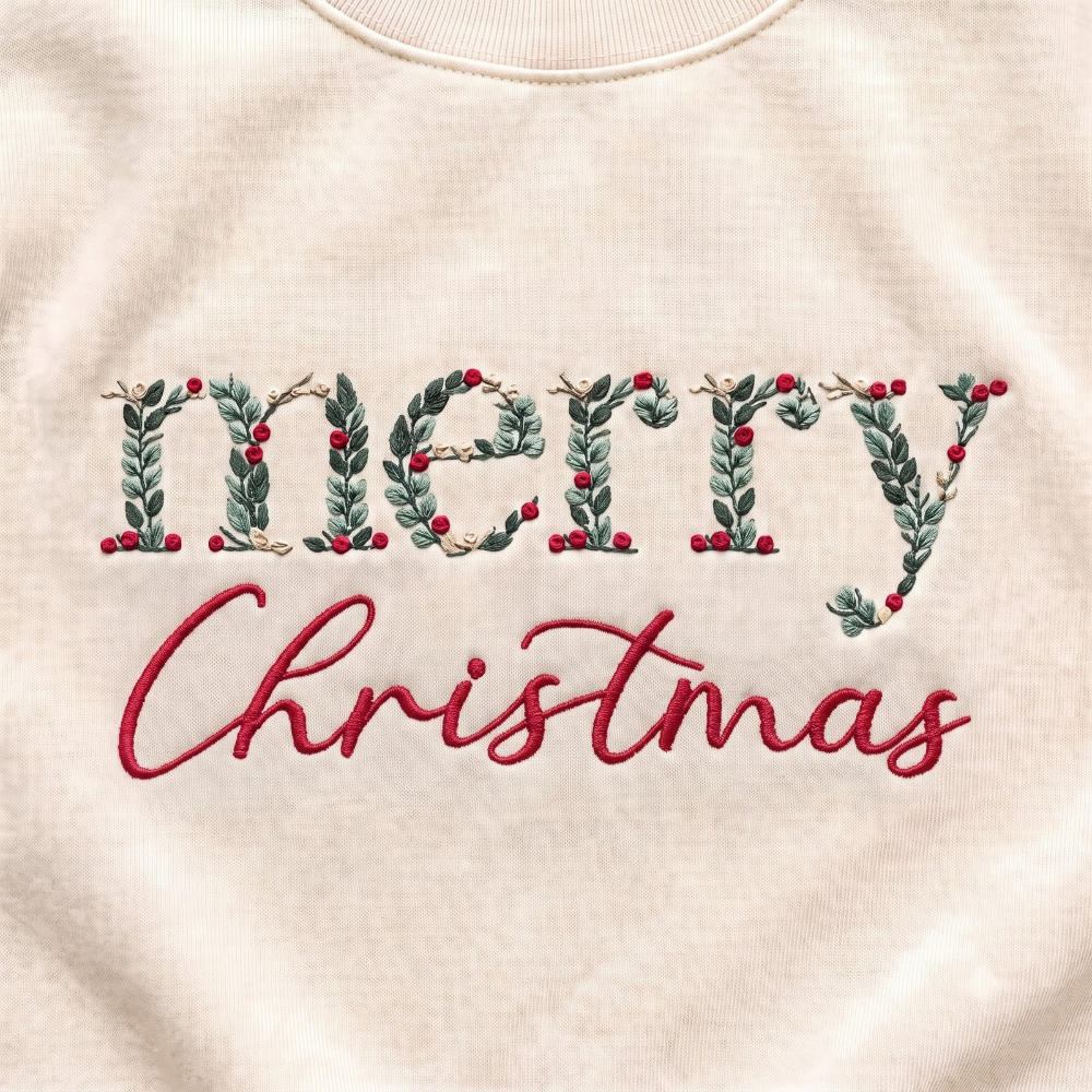 Personalized Merry Christmas Botanical Holly Berry Leaf Letters Embroidered Sweatshirt