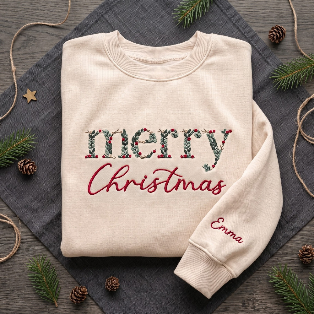 Personalized Merry Christmas Botanical Holly Berry Leaf Letters Embroidered Sweatshirt
