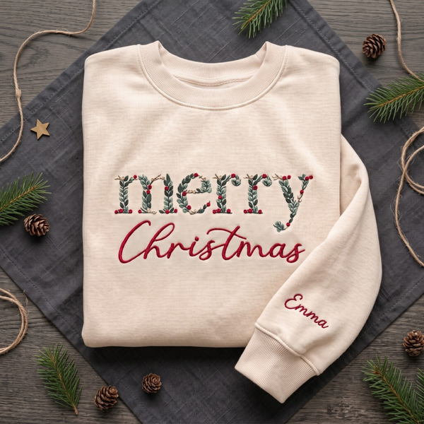 Personalized Merry Christmas Botanical Holly Berry Leaf Letters embroidered sweatshirt — front view