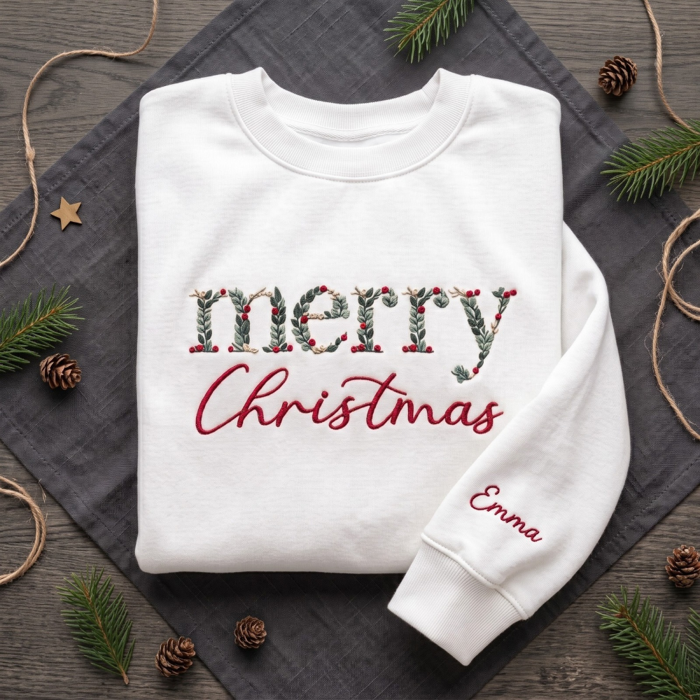 Personalized Merry Christmas Botanical Holly Berry Leaf Letters Embroidered Sweatshirt