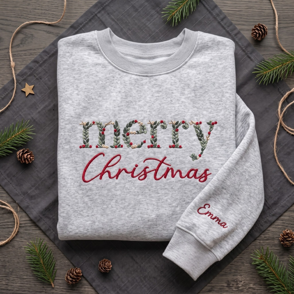 Personalized Merry Christmas Botanical Holly Berry Leaf Letters Embroidered Sweatshirt