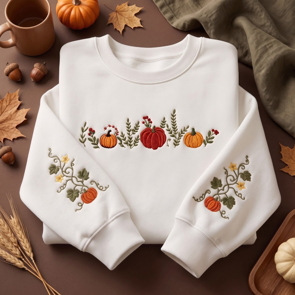 Pumpkin Season Four Pumpkins Vine Sleeves embroidered sweatshirt — front view