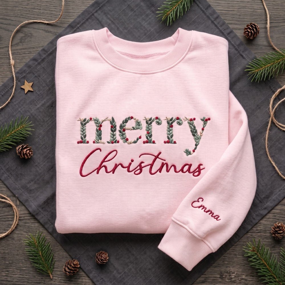 Personalized Merry Christmas Botanical Holly Berry Leaf Letters Embroidered Sweatshirt