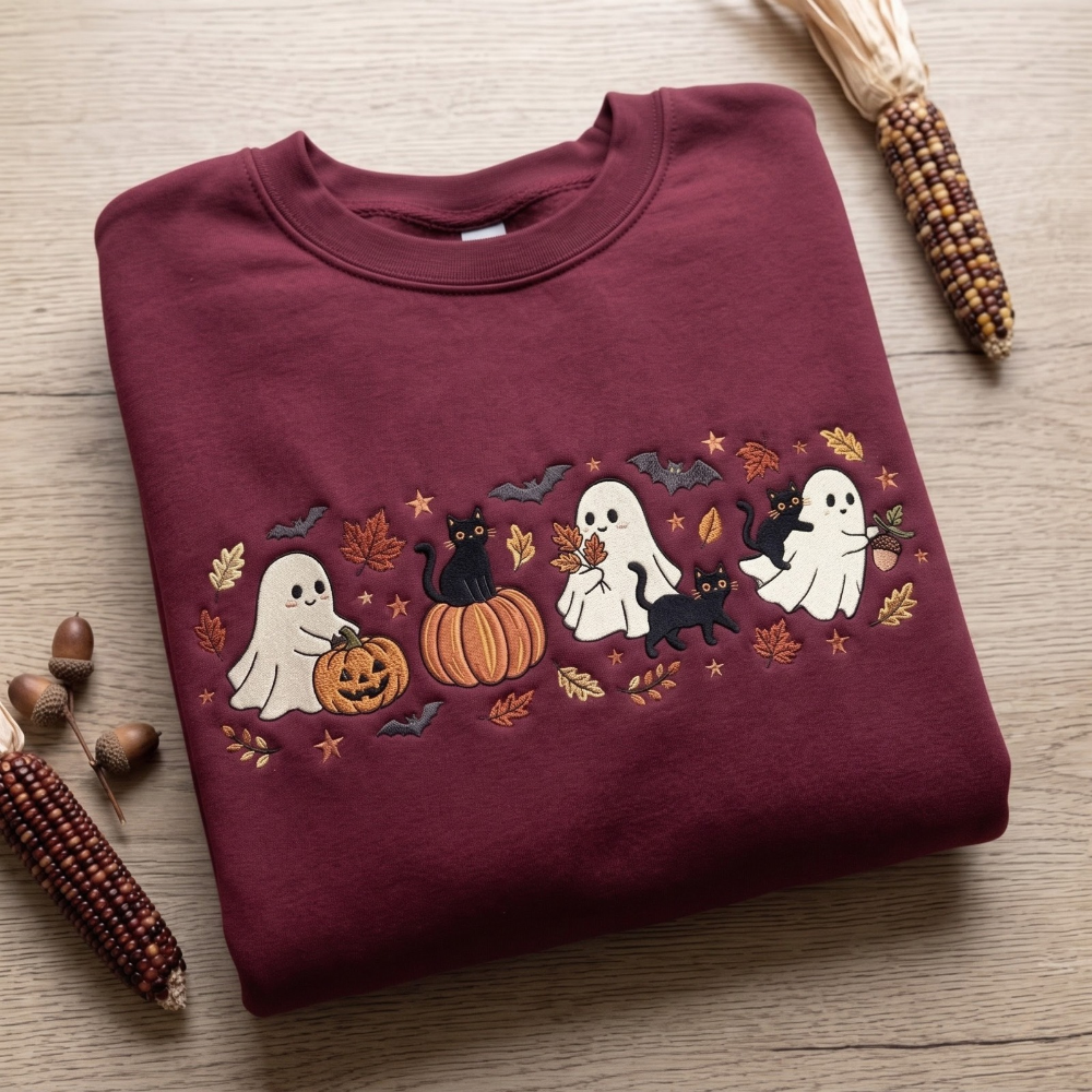 Fall Ghosts Black Cats Pumpkins Bats Autumn Leaves Embroidered Sweatshirt