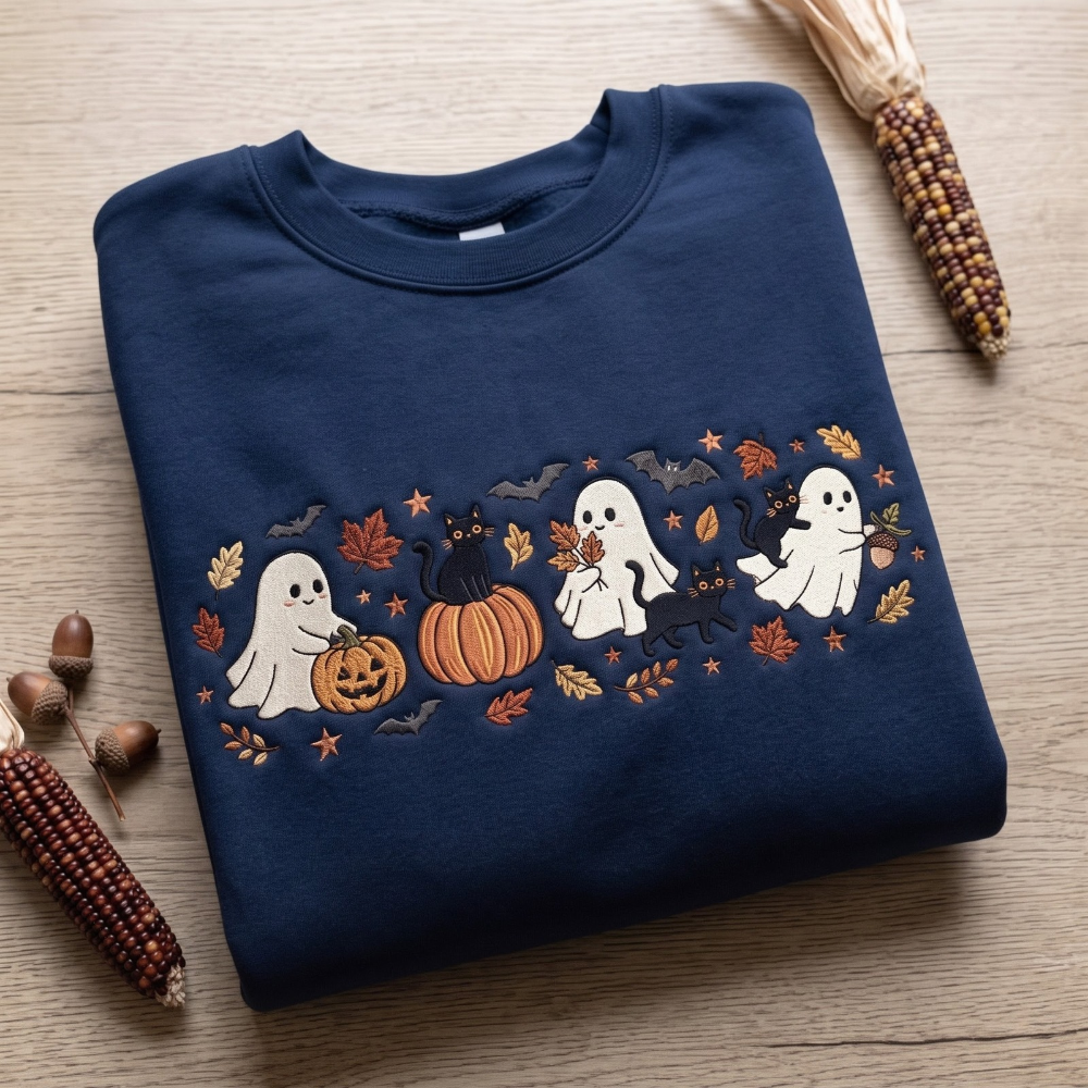 Fall Ghosts Black Cats Pumpkins Bats Autumn Leaves Embroidered Sweatshirt