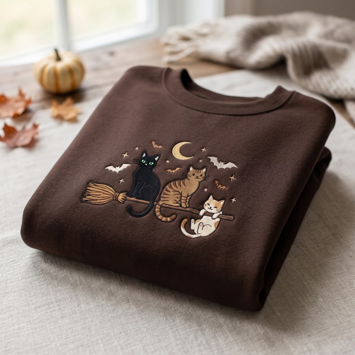 Three Cats Riding Witch Broom Crescent Moon Bats Halloween Embroidered Sweatshirt