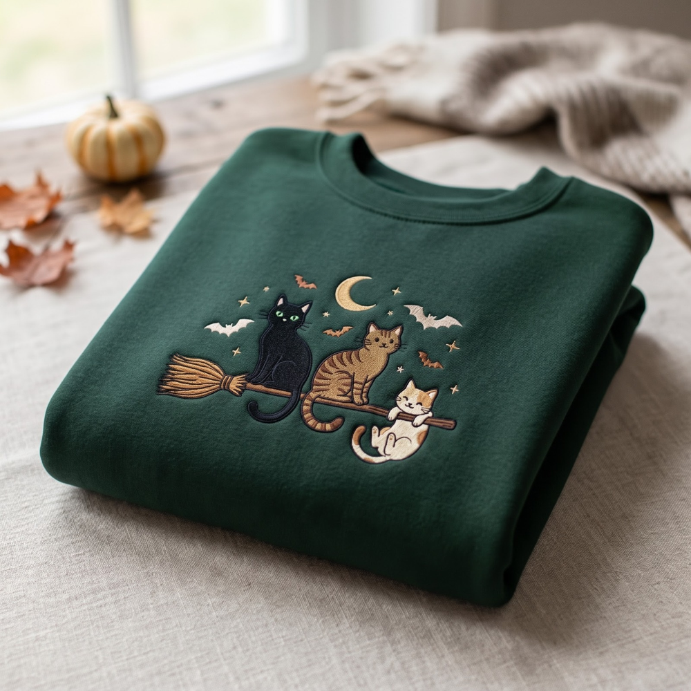Three Cats Riding Witch Broom Crescent Moon Bats Halloween Embroidered Sweatshirt